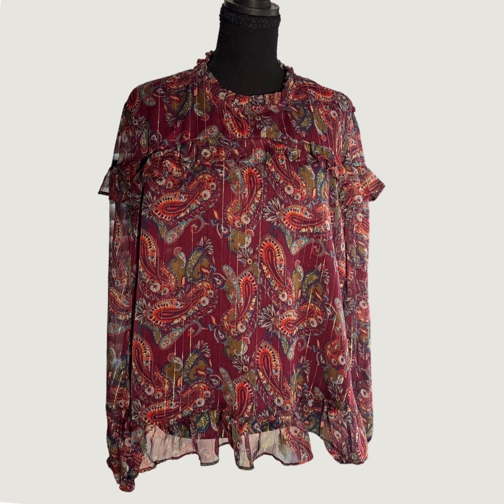 Moon Orchid Burgundy Paisley Gold Metallic Ruffle Blouse XL Boho Long Sleeve Top
